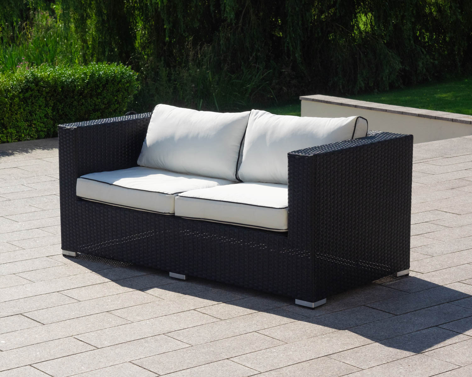 2 Seat Rattan Garden Sofa in Black &amp; White - Ascot