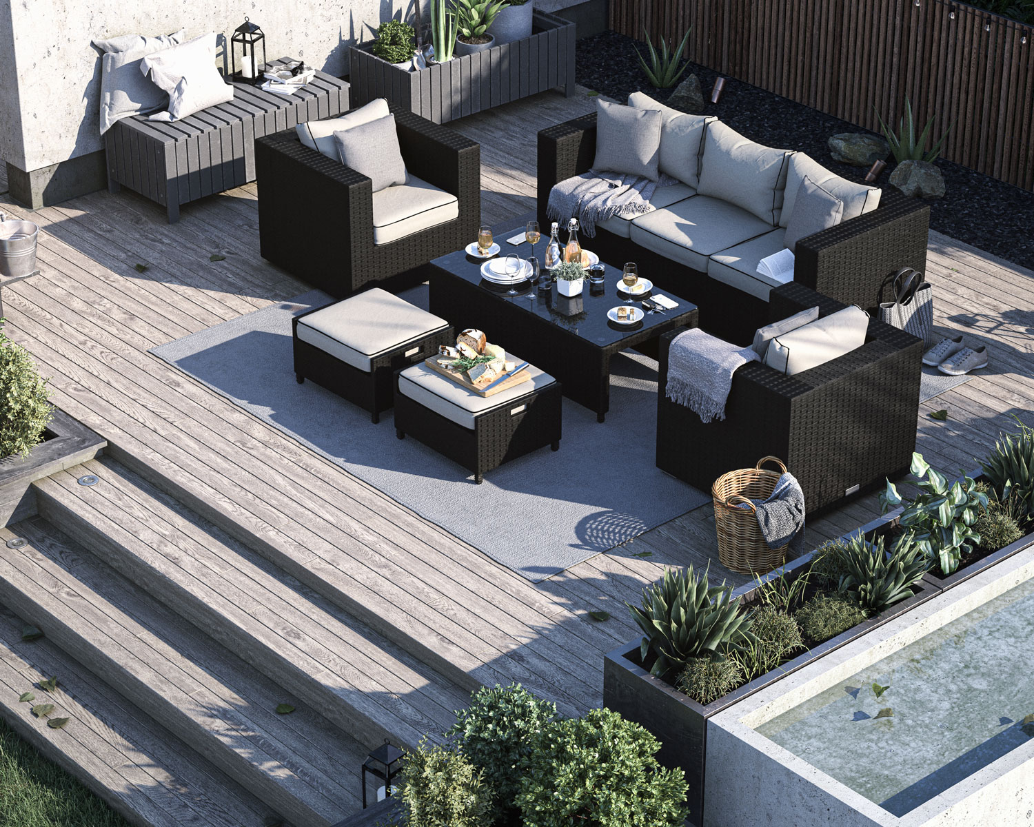 3 Seater Rattan Garden Sofa Set in Black &amp; White - Ascot