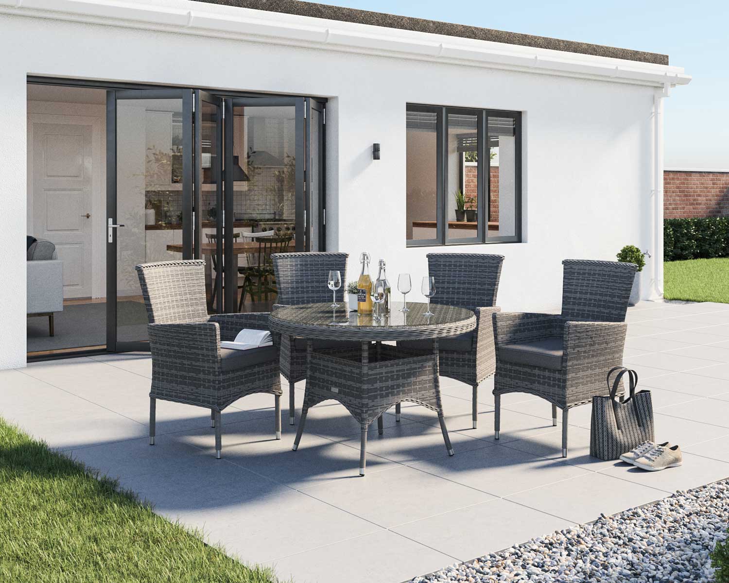 4 Rattan Garden Chairs &amp; Small Round Dining Table Set in Grey - Cambridge