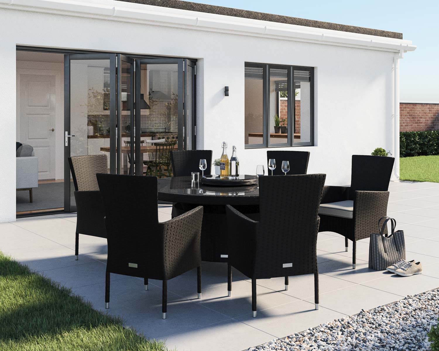 6 Seat Rattan Garden Dining Set With Large Round Dining Table in Black &amp; White - Cambridge