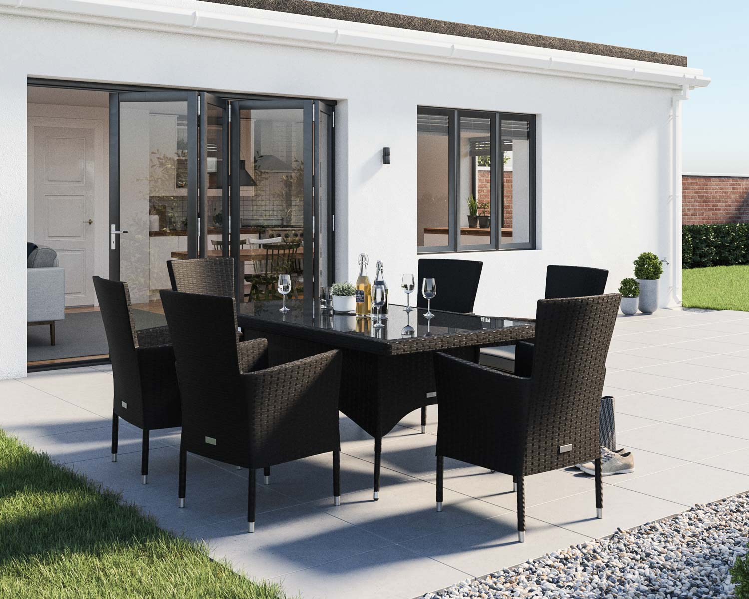 6 Seat Rattan Garden Dining Set With Rectangular Dining Table in Black &amp; White - Cambridge