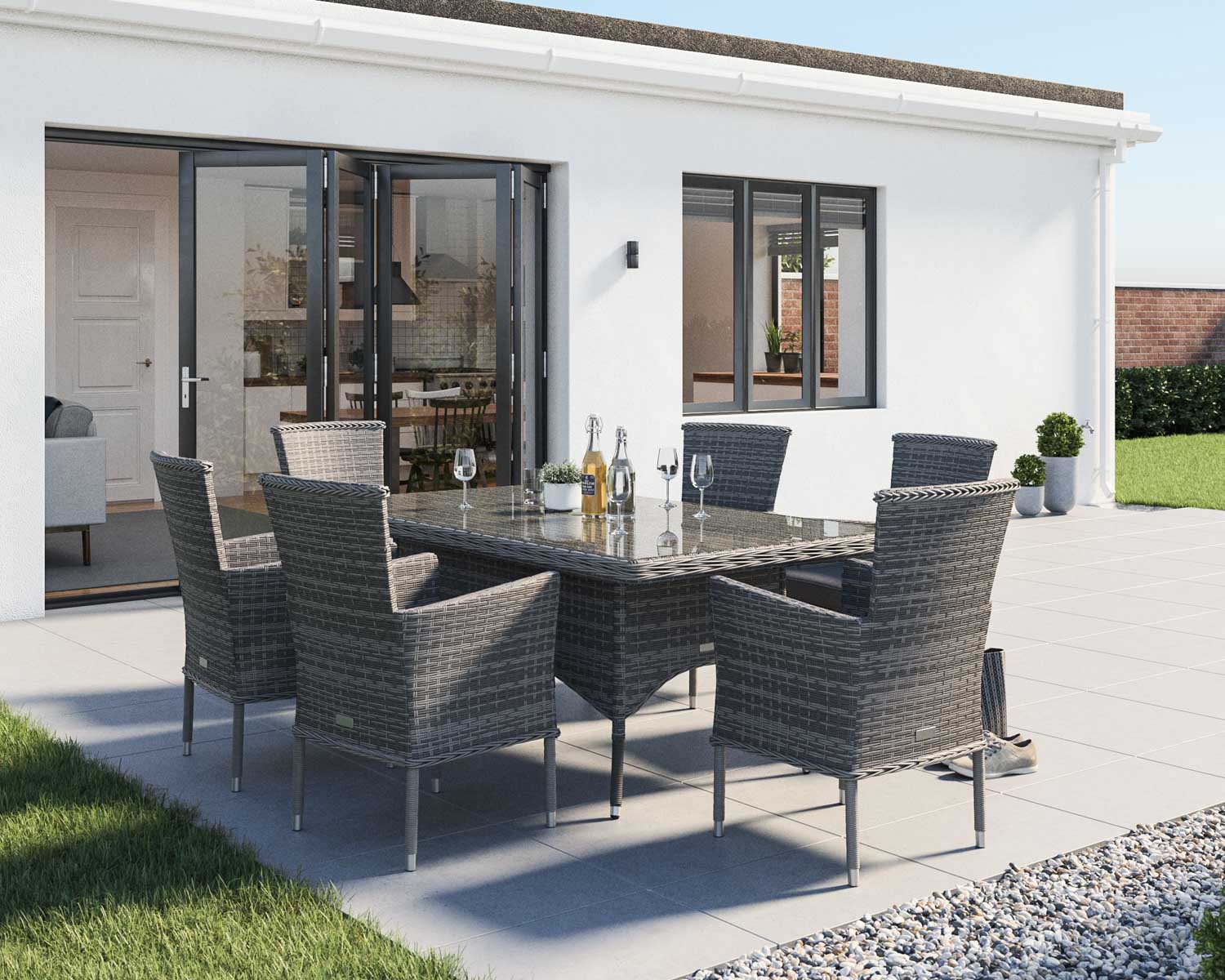 6 Seat Rattan Dining Set With Rectangular Dining Table Set in Grey - Cambridge