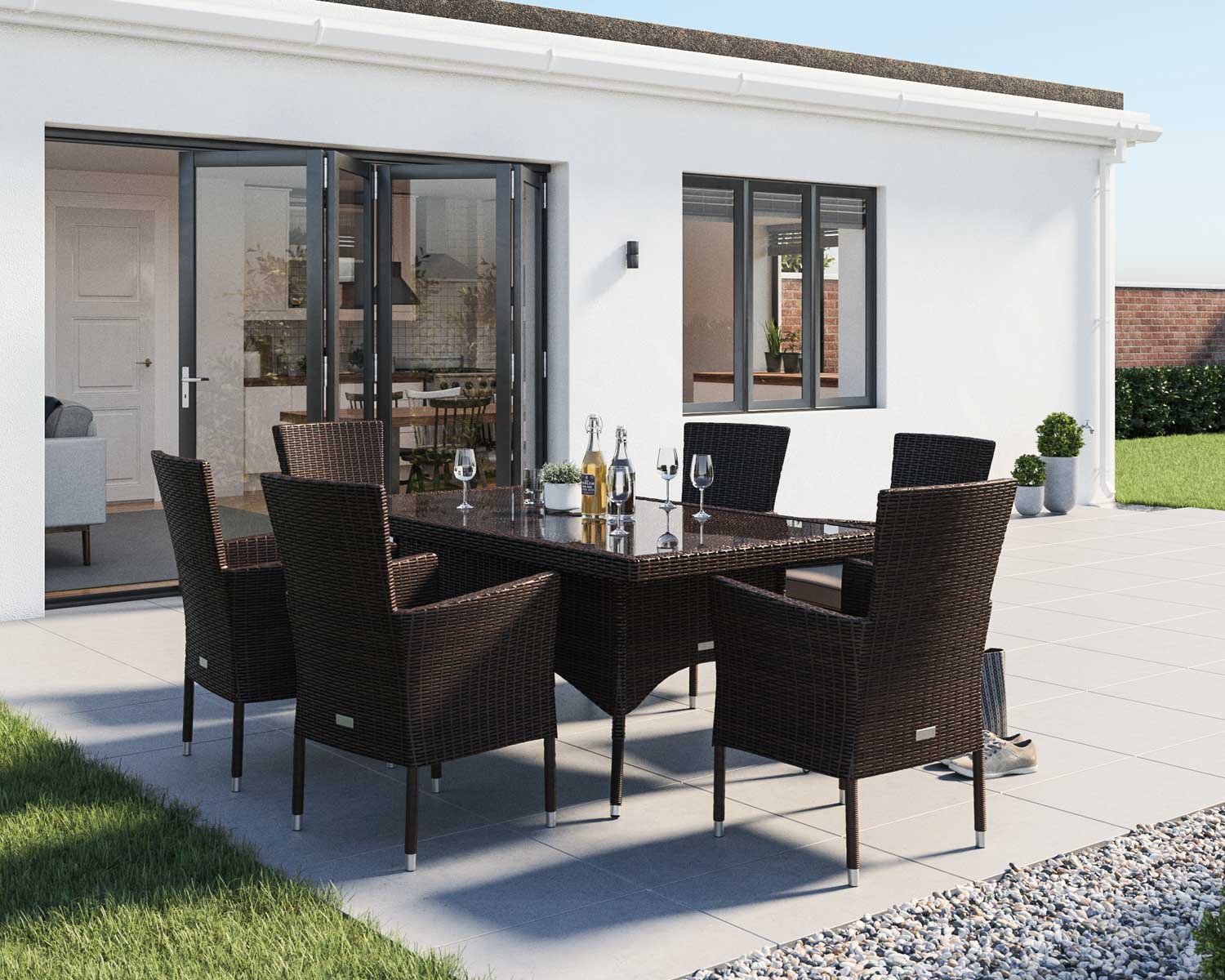 6 Seater Rattan Garden Dining Set With Small Rectangular Dining Table in Brown - Cambridge