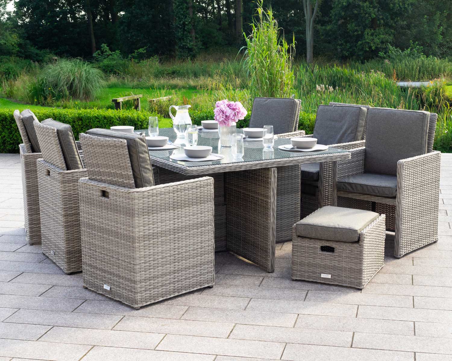 6 Seat Rattan Garden Cube Dining Set in Grey with 6 Footstools - Barcelona