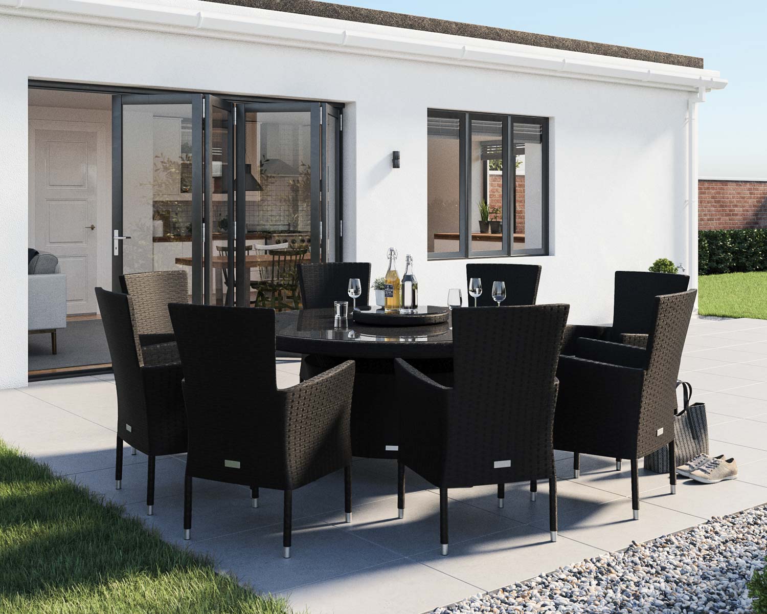 8 Seat Rattan Garden Dining Set With Large Round Dining Table in Black &amp; White - Cambridge
