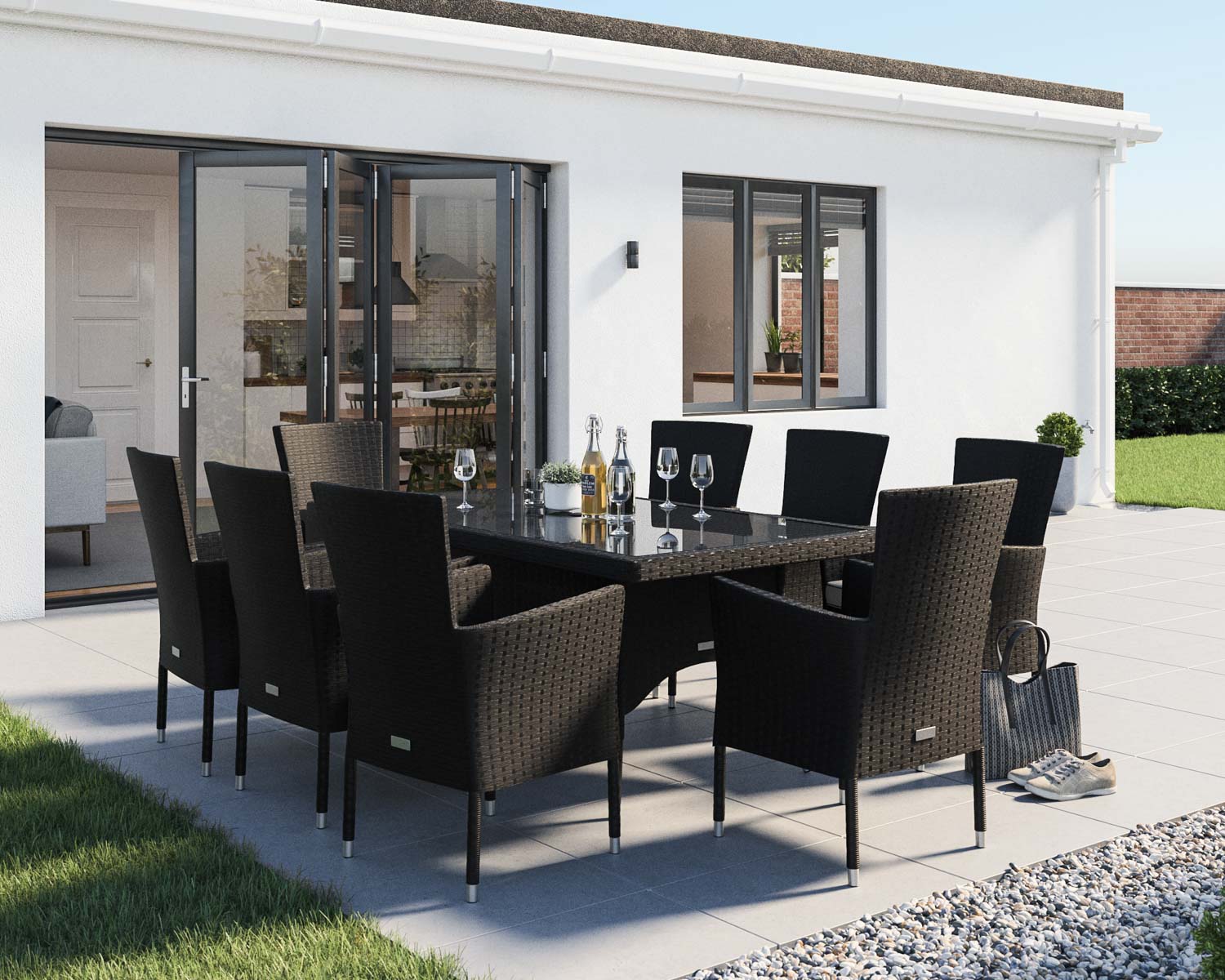 8 Seater Rattan Garden Dining Set With Rectangular Dining Table in Black &amp; White - Cambridge