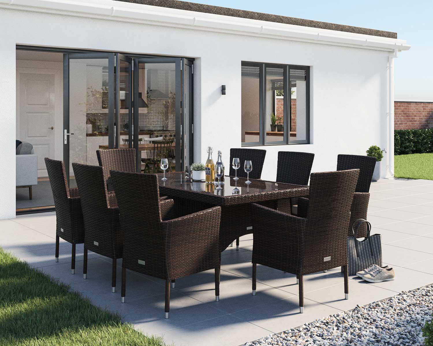 8 Seat Rattan Garden Dining Set With Rectangular Dining Table in Brown - Cambridge