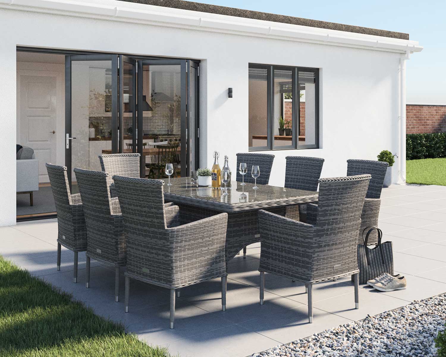 8 Seat Rattan Garden Dining Set With Rectangular Dining Table in Grey - Cambridge