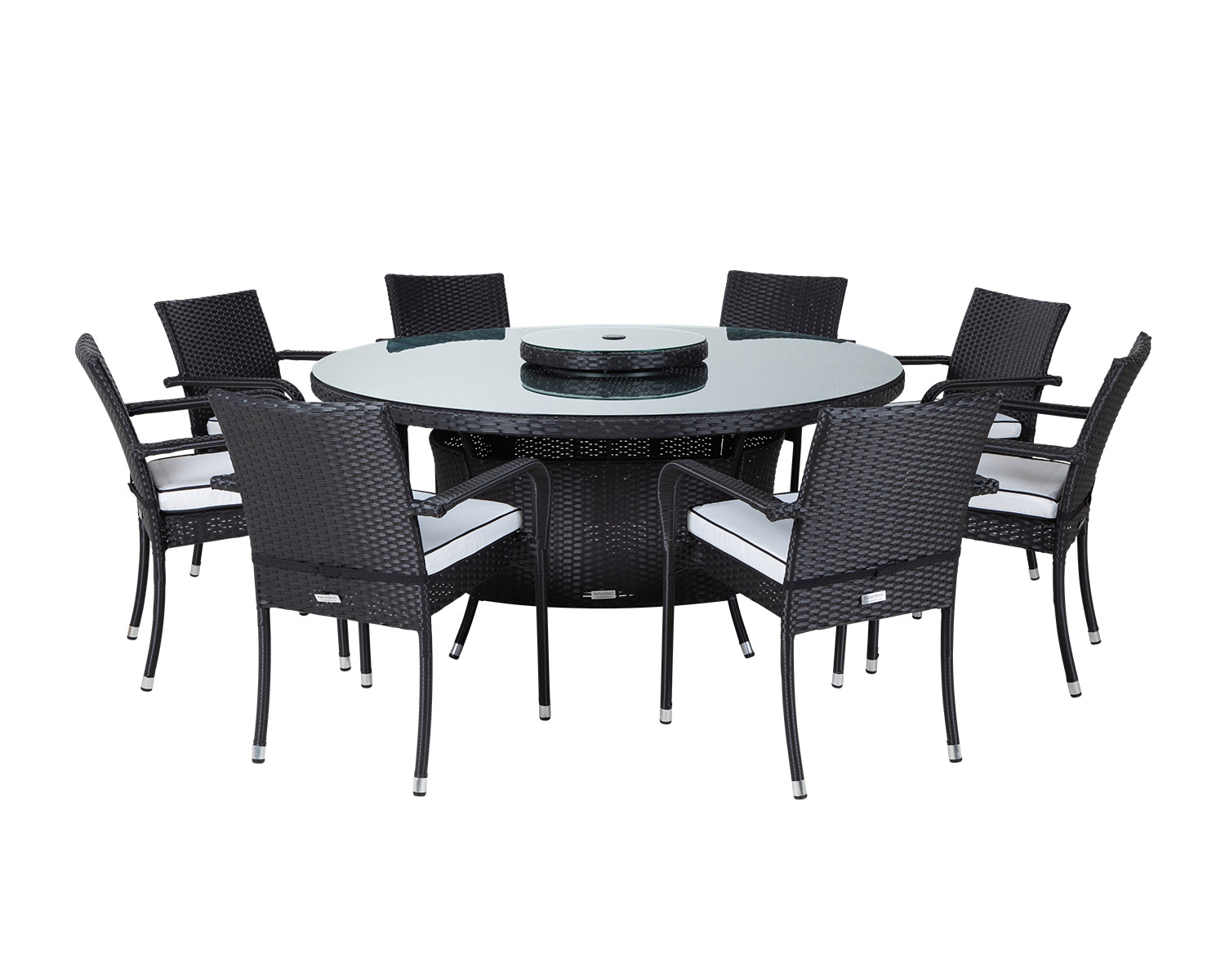 8 Rattan Garden Chairs, Large Round Dining Table &amp; Lazy Susan Set in Black &amp; White - Roma
