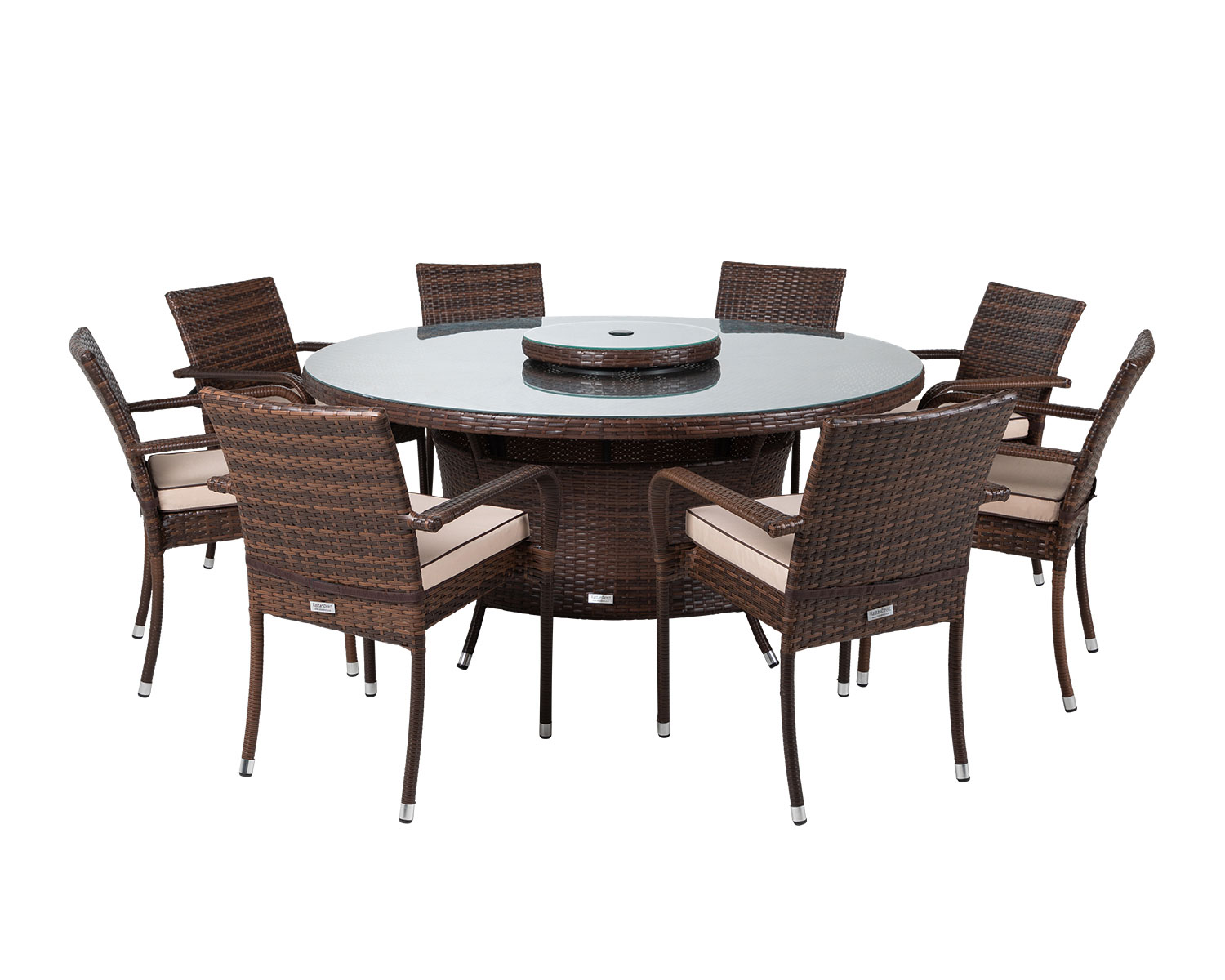 8 Rattan Garden Chairs, Large Round Dining Table &amp; Lazy Susan Set in Brown - Roma