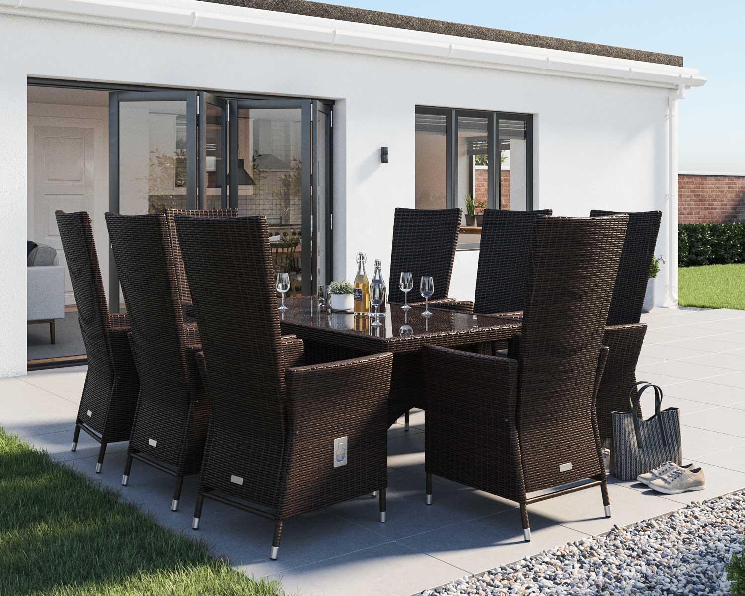 8 Seater Rattan Garden Dining Set With Rectangular Dining Table in Brown - Cambridge