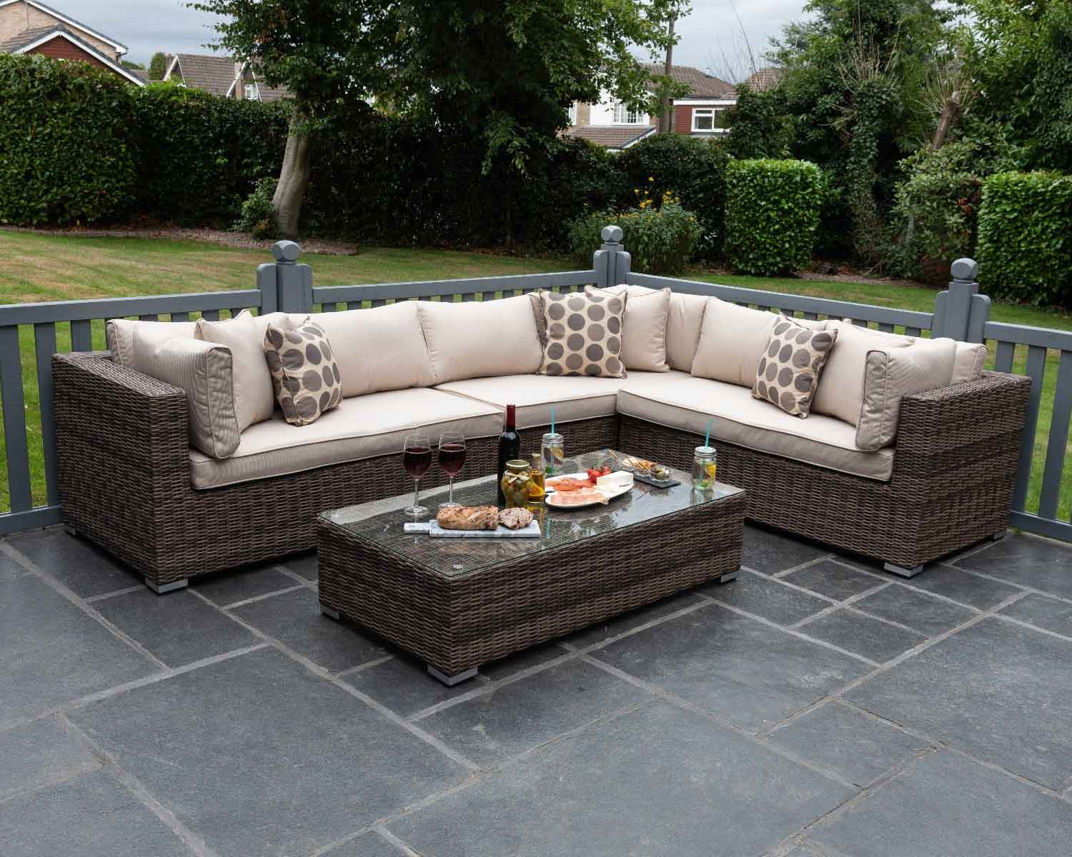 Rattan Garden Lefthand Corner Sofa Set in Truffle Brown &amp; Champagne - Monaco
