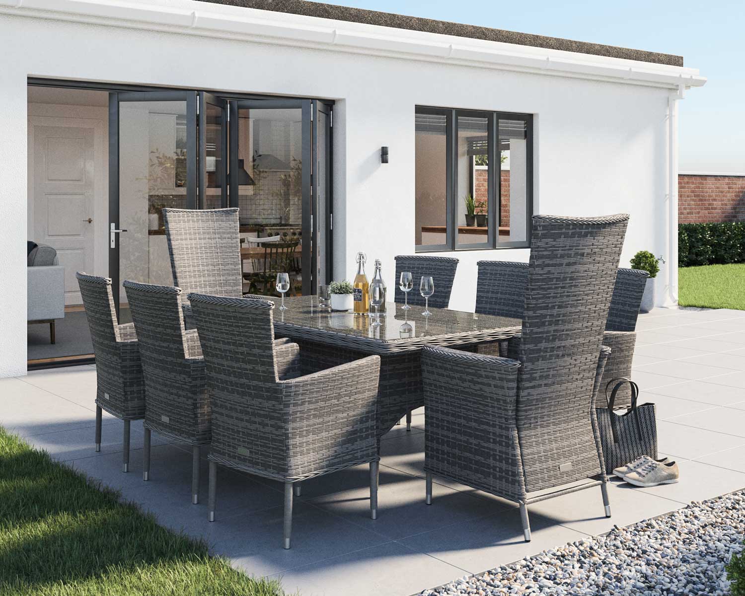 Rectangular Rattan Garden Dining Table Set in Grey With 8 Chairs - Cambridge