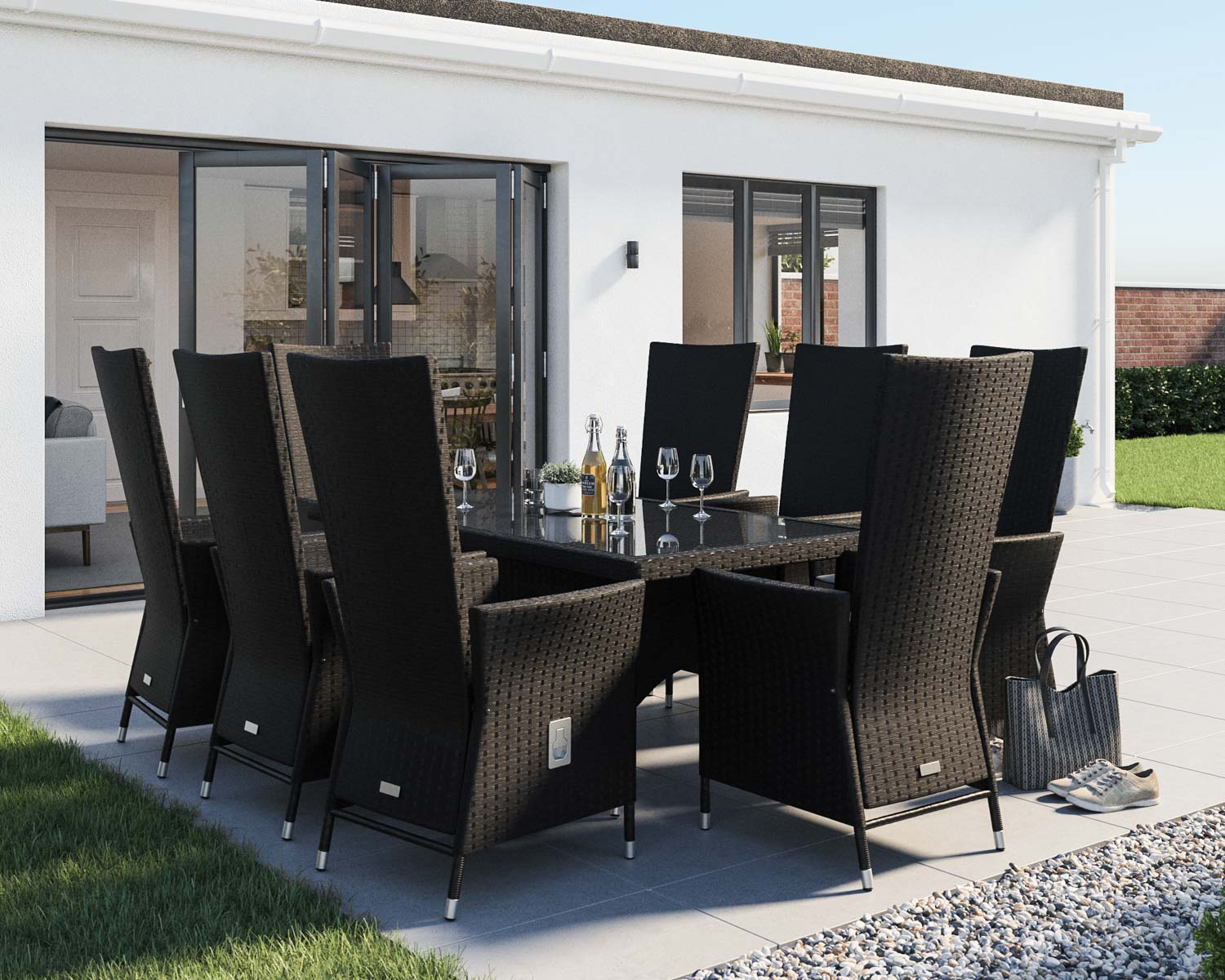 8 Seat Rattan Garden Dining Set With Rectangular Dining Table in Black &amp; White - Cambridge