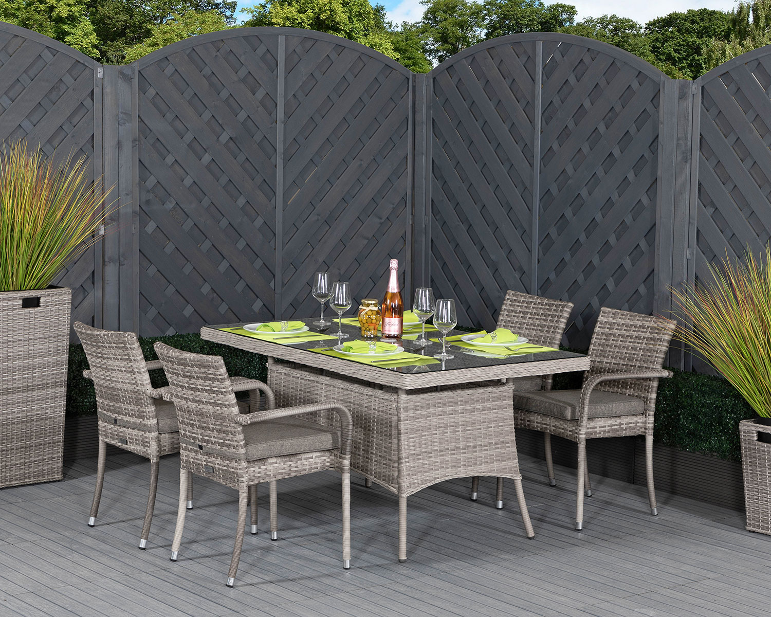 4 Seat Rattan Garden Dining Set With Small Rectangular Dining Table in Grey - Roma