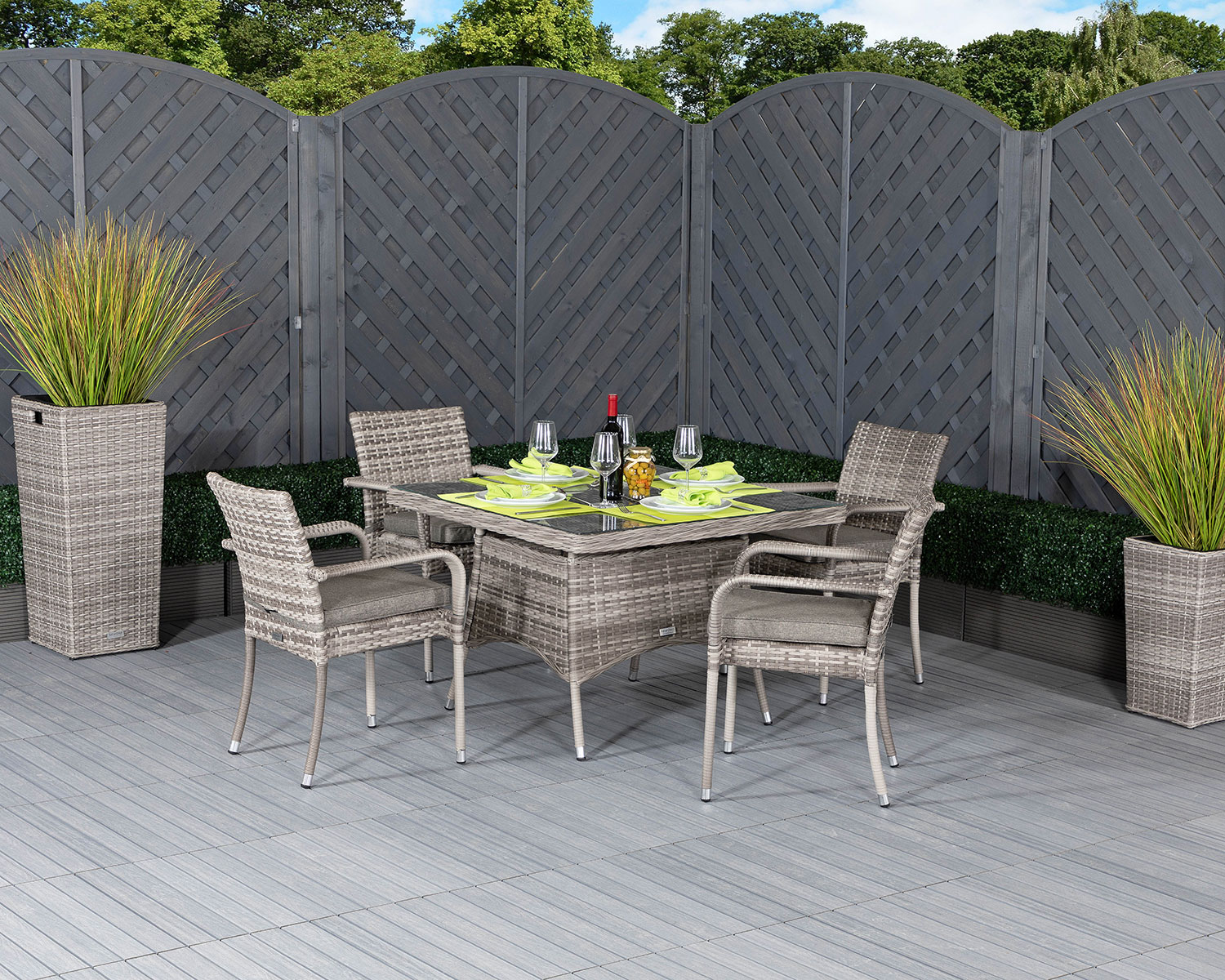 4 Seat Rattan Garden Dining Set With Square Dining Table in Grey - Roma