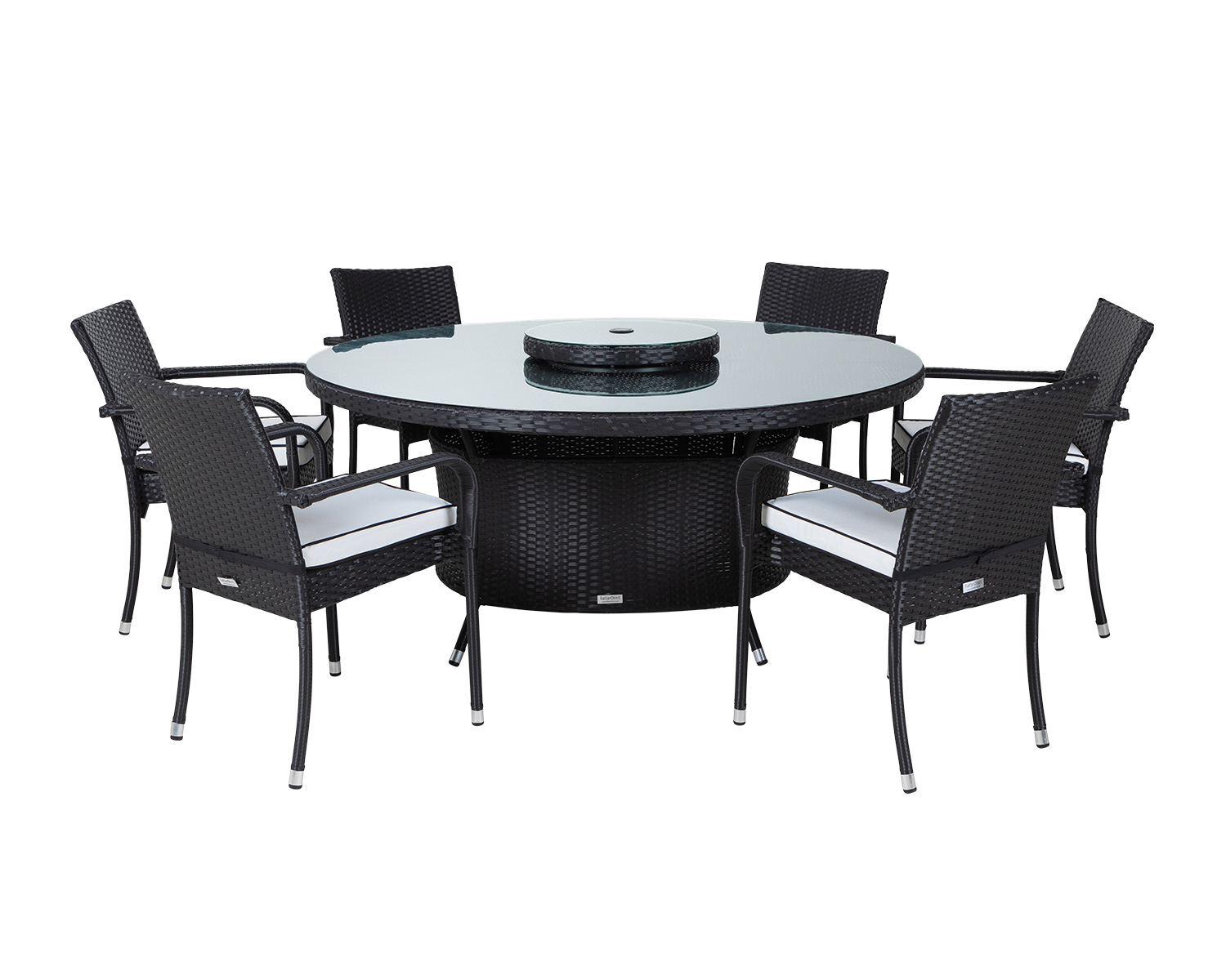 6 Rattan Garden Chairs, Large Round Dining Table &amp; Lazy Susan Set in Black &amp; White - Roma