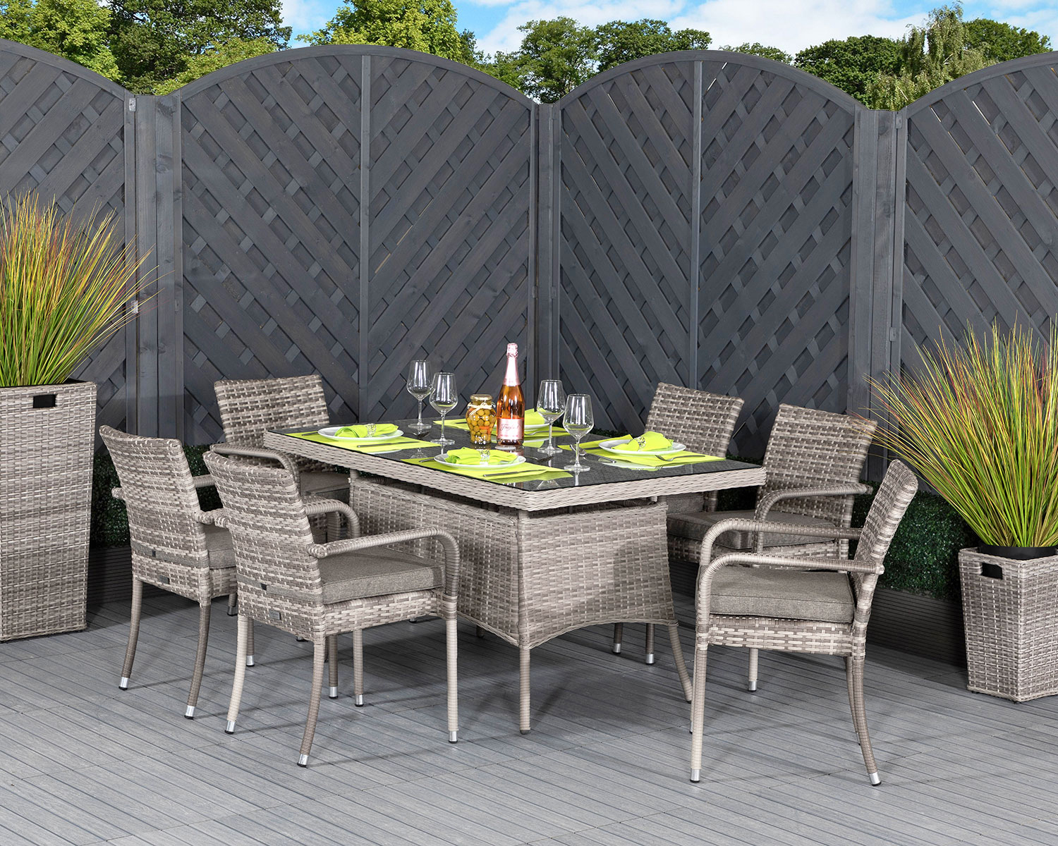 6 Sat Rattan Garden Dining Set With Small Rectangular Dining Table in Grey - Roma