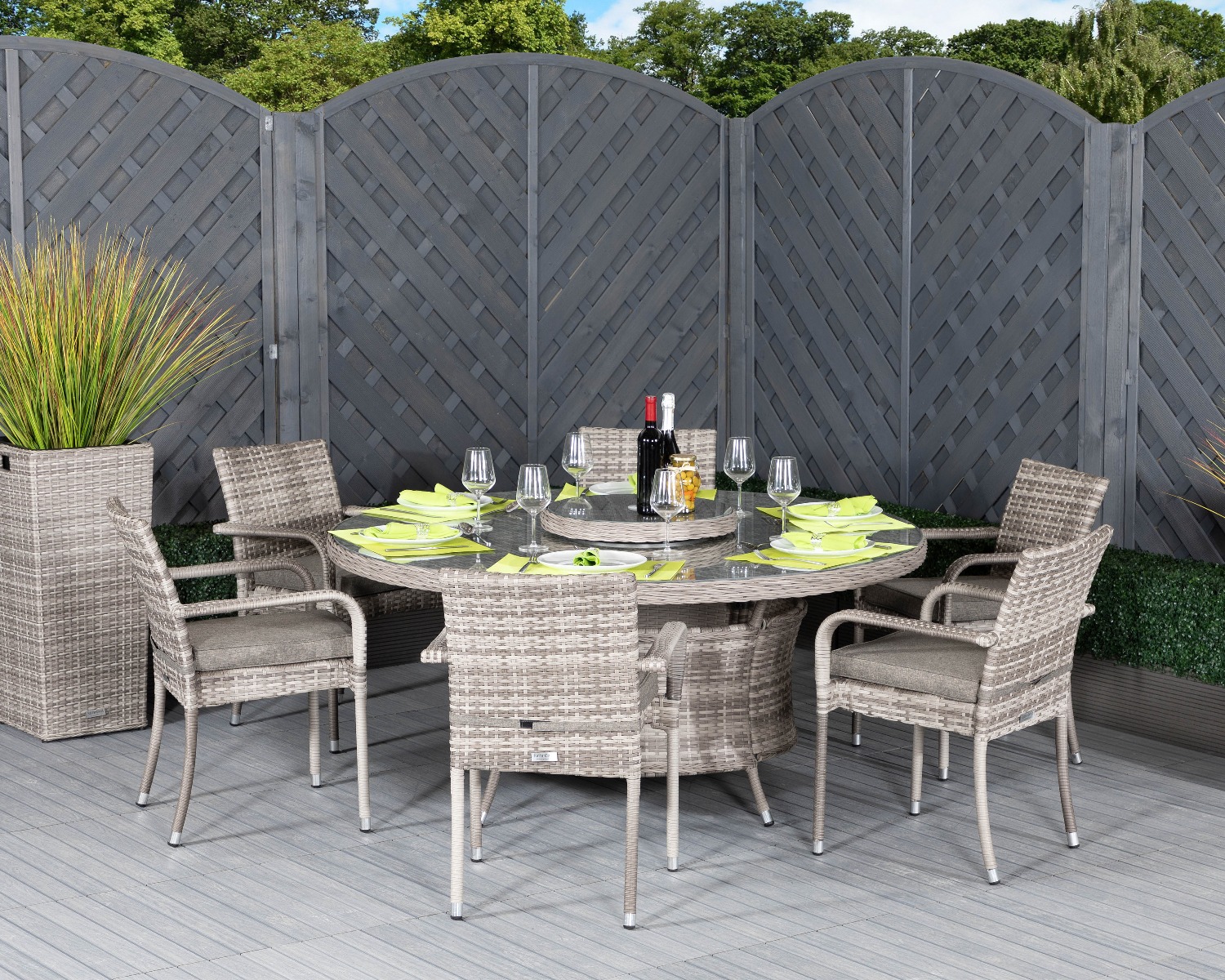 6 Seat Rattan Garden Dining Set With Large Round Dining Table in Grey - Roma