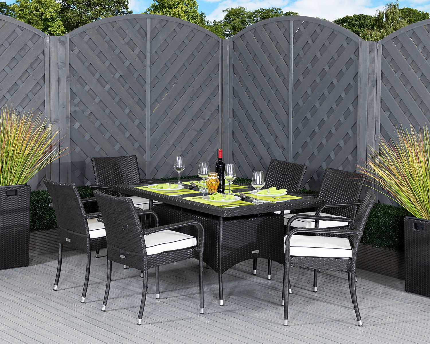 6 Seat Rattan Garden Dining Set With Small Rectangular Dining Table in Black &amp; White - Roma