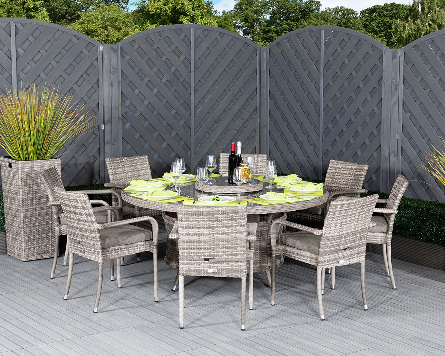 8 Seat Rattan Garden Dining Set With Large Round Dining Table in Grey - Roma