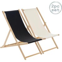 Harbour Housewares Folding Wooden Deck Chairs | Black/Cream | Pack of 2