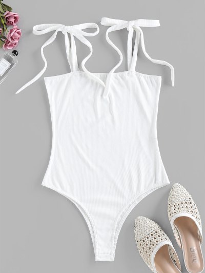 Zaful ZAFUL Snap Button Tie Shoulder Ribbed Bodysuit | Women's | MILK WHITE | S