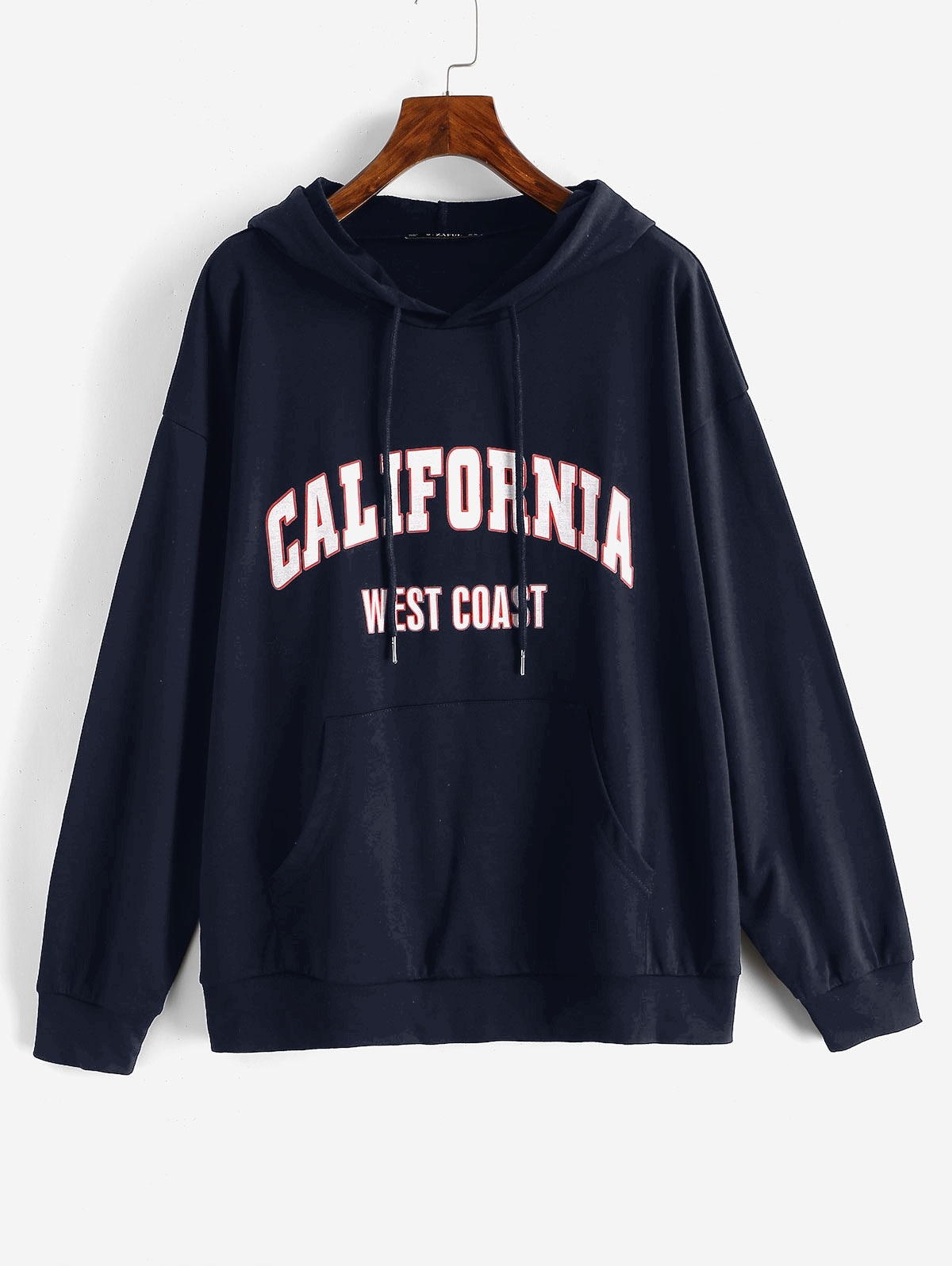 Zaful Drawtring WEST COAST Graphic Front Pocket Hoodie | Women's | DEEP BLUE | S
