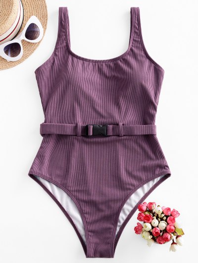 Zaful ZAFUL Maillot de Bain Ceinturé Bouclé Côtelé à Coupe Haute Une-Pièce | Violet Alto | XL