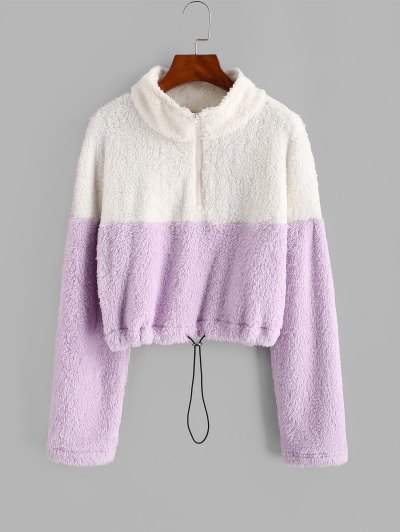 Zaful Half Zip Two Tone Fluffy Sweatshirt | Women's | LIGHT PURPLE | L
