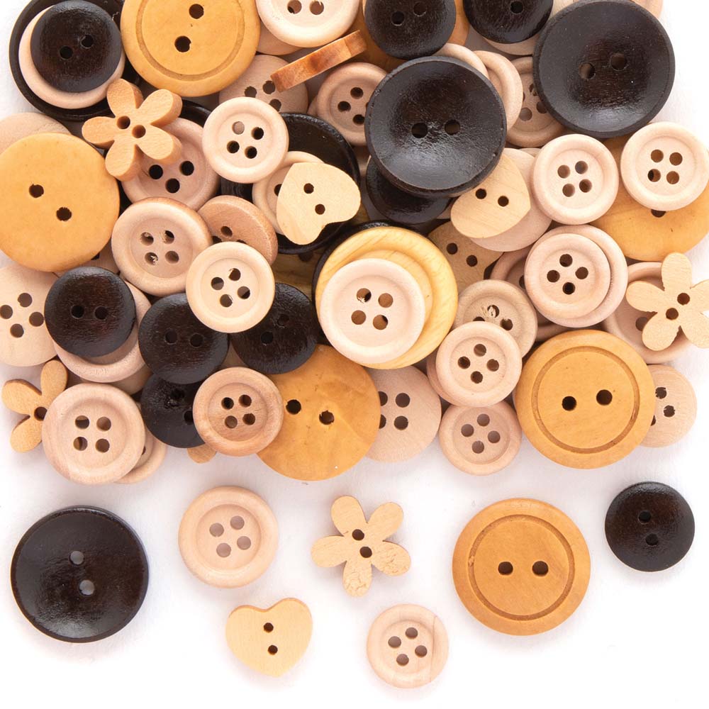 Wooden Buttons Assortment - Pack of 120. Assorted shapes. 3 varnish finishes.12mm-20mm diameter