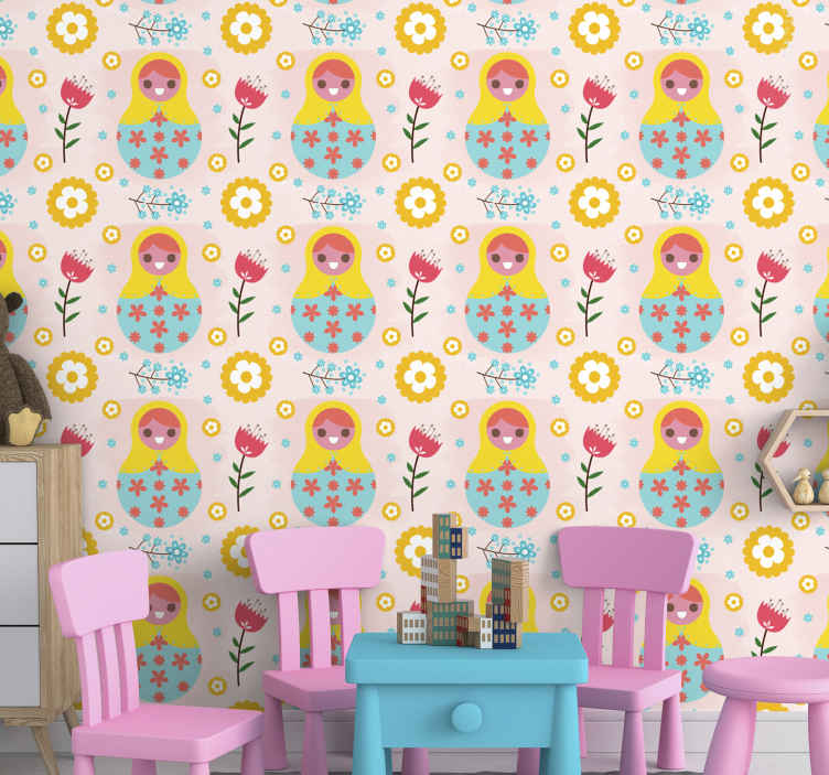 Papel pintado niños patrón de matrioskas