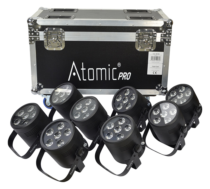 Atomic Pro Eight Battery Powered LED Uplighters with Flight Case (RGB)