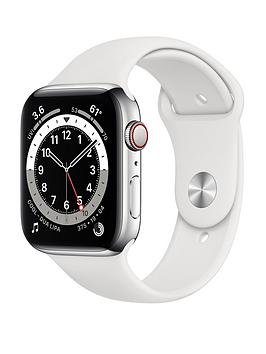 Apple Watch Series 6 GPS + Cellular, 44mm Silver Stainless Steel Case with White Sport Band - Regular