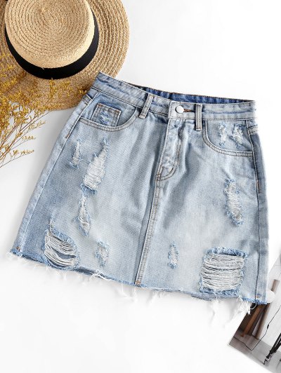 Zaful Ripped Mini Denim Skirt | Women's | LIGHT BLUE | XL