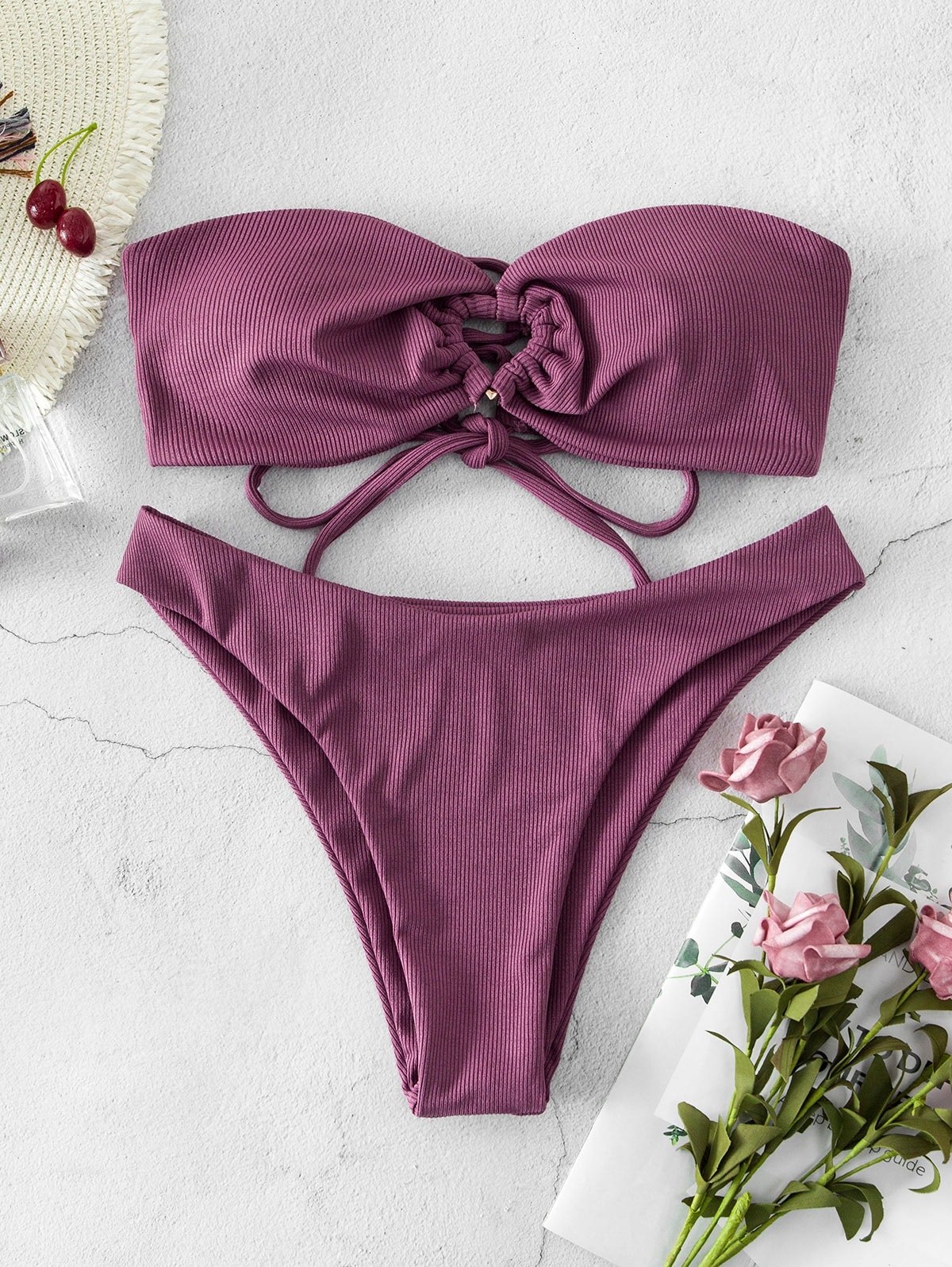 Zaful ZAFUL Maillot de Bain Bikini Bandeau Côtelé Coupe Haute à Lacets | Violet Alto | L