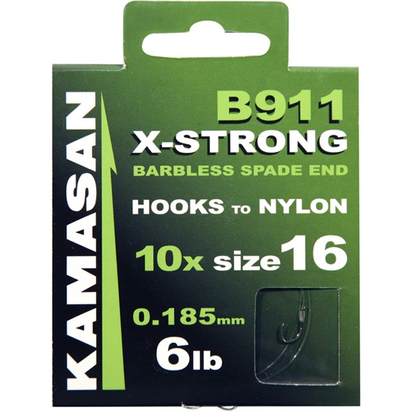 Kamasan B911 X-Strong Barbless Spade End Hooks To Nylon