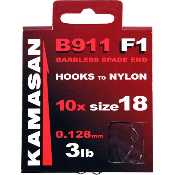 Kamasan B911 F1 Barbless Spade End Hooks To Nylon