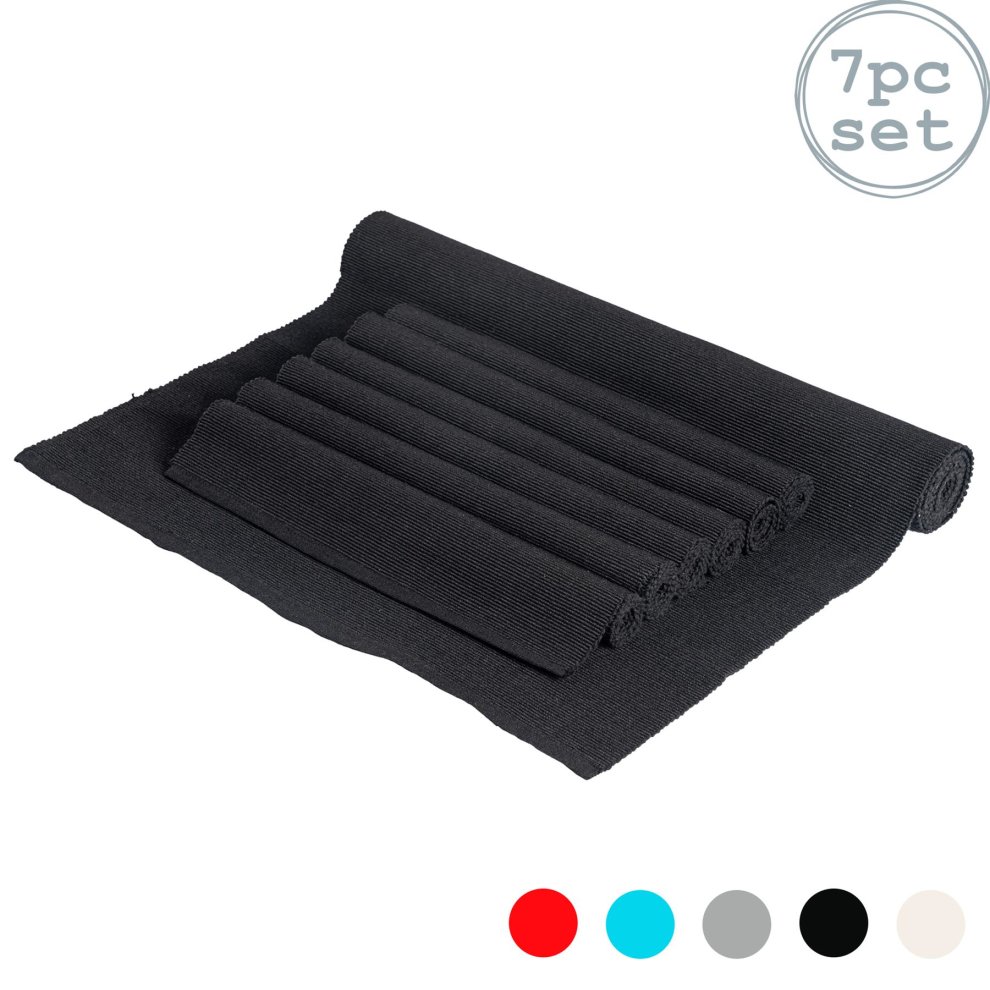 Nicola Spring Ribbed Cotton Placemats with Table Runner | Black