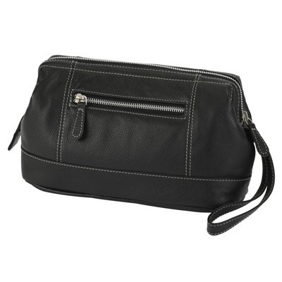 German made Black Leather Wash Bag with White Contrast Stitching