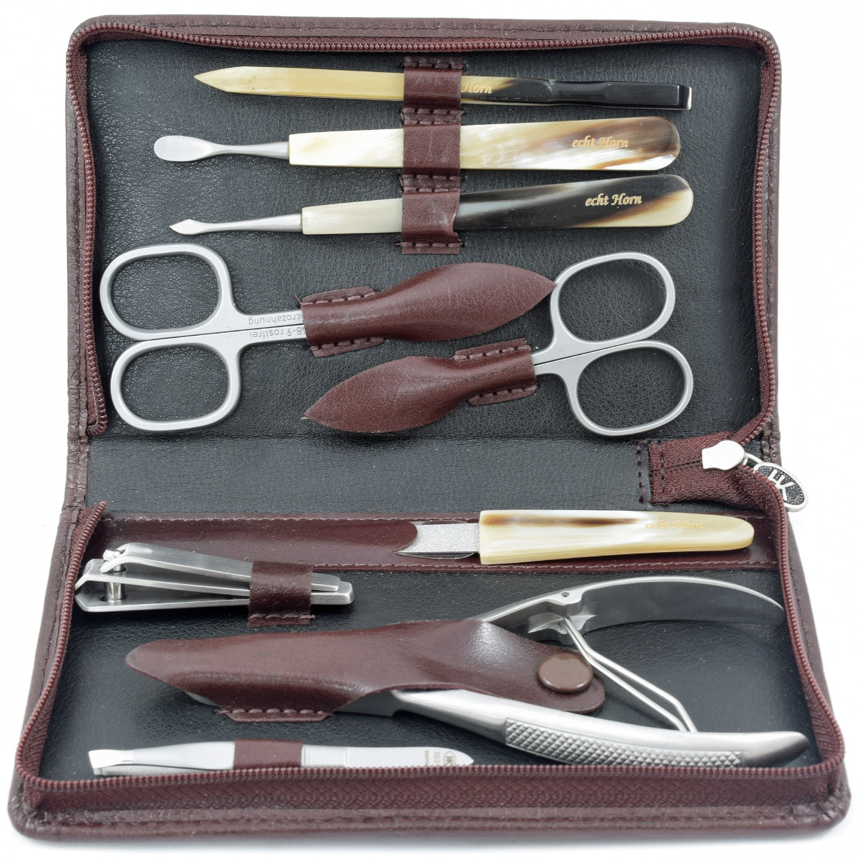 Hans Kniebes Luxury 9 Piece Real Horn Manicure Set in Dark Brown