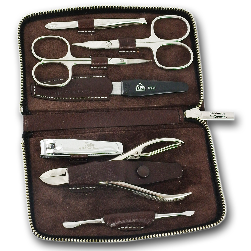 Taylor of Old Bond Street Brown Leather Manicure Set With Zip Closure