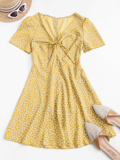 Zaful Ditsy Print Tie Knot Plunging Mini Dress | Women's | YELLOW | M
