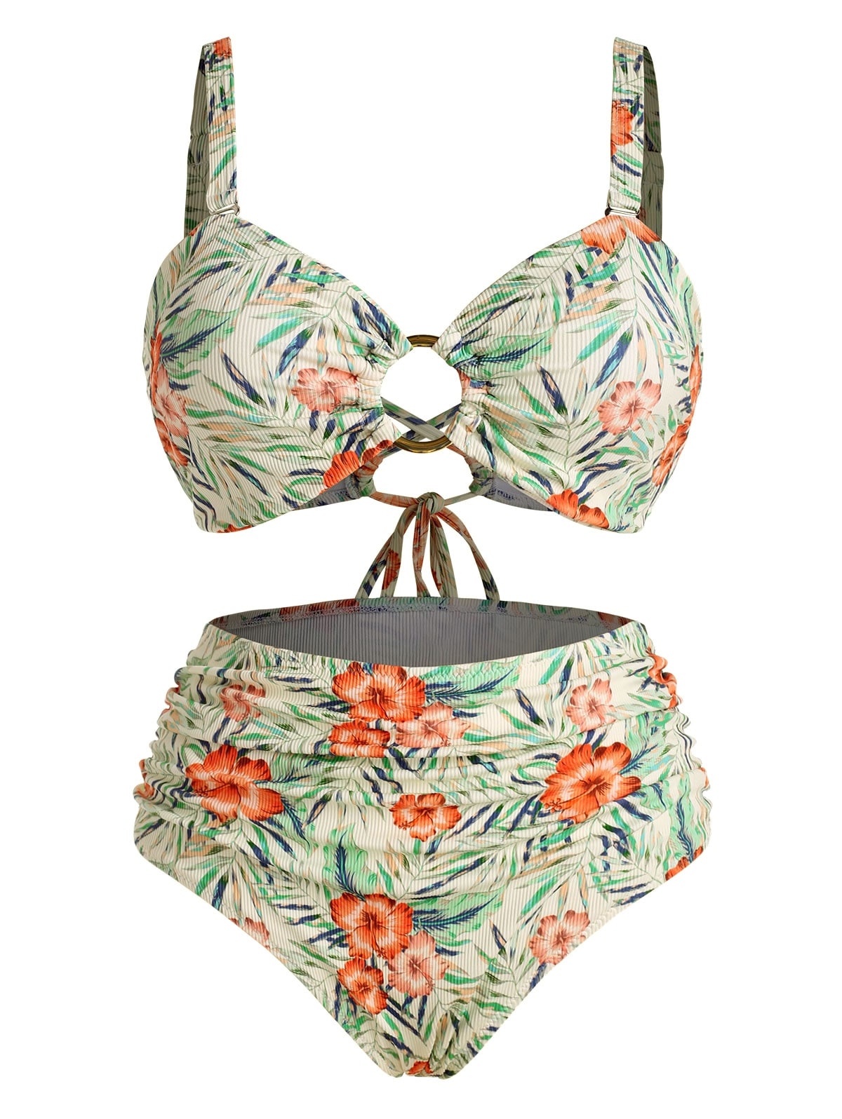 Zaful ZAFUL Plus Size Ribbed Floral Leaf O-ring Ruched Bikini Swimwear | MULTI | XXL