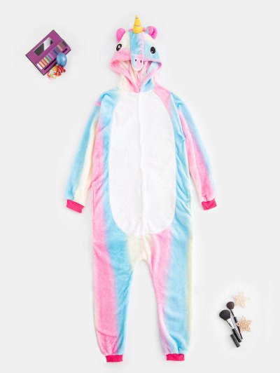 Zaful Plush Button Through Pocket Rainbow Unicorn Costume Pajama Onesie | Women's | MULTI | M