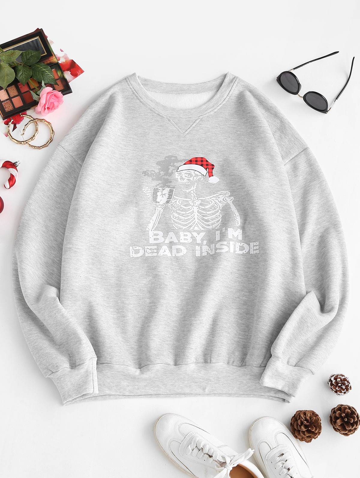 Zaful Fleece Lined Skeleton In Christmas Hat Oversized Sweatshirt | Women's | GRAY | M
