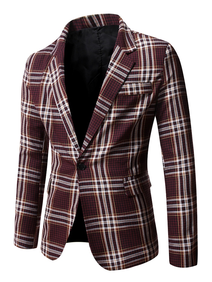Zaful Slit Single Button Plaid Blazer | Men's | RED WINE | M