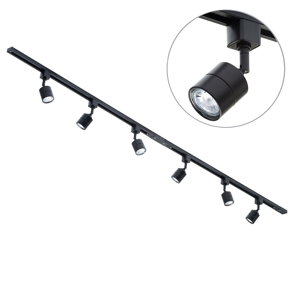 2 metre Track Light Kit with 6 Soho Heads and LED Bulbs - Black