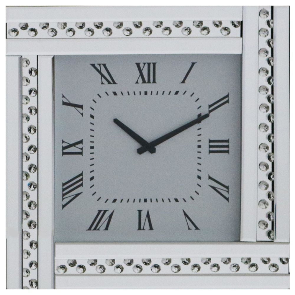 Square Mirrored Clock with Studded Crystal Frame - Silver