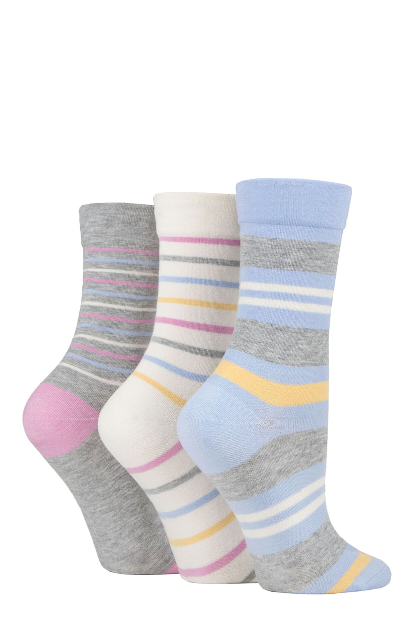 Ladies 3 Pair SOCKSHOP Gentle Bamboo Socks with Smooth Toe Seams in Plains and Stripes Pastel Stripe 4-8